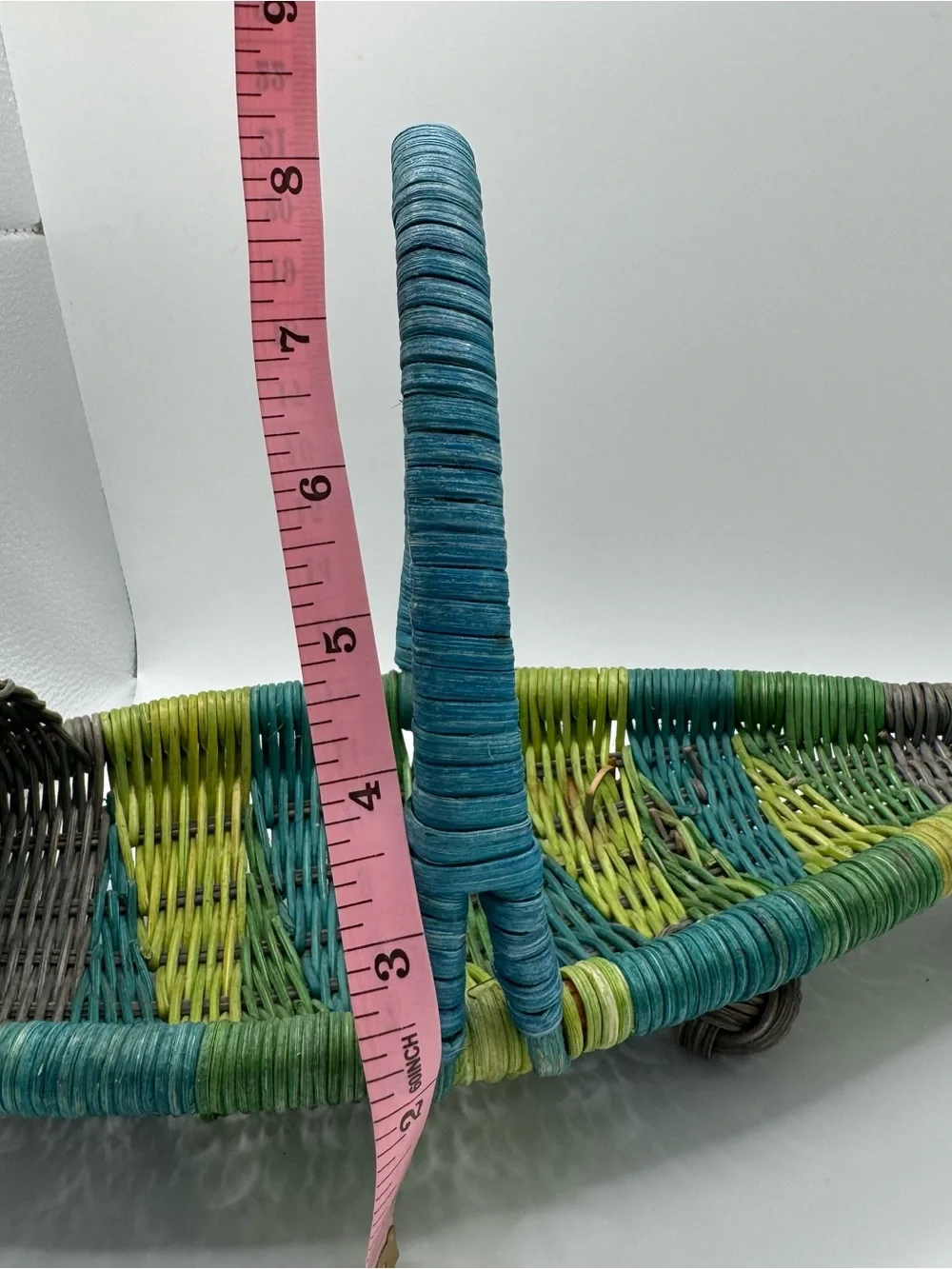 Vintage Wicker Fish Basket Shaped Fruit Bowl Colorful Hand Woven Boho Handle 70s